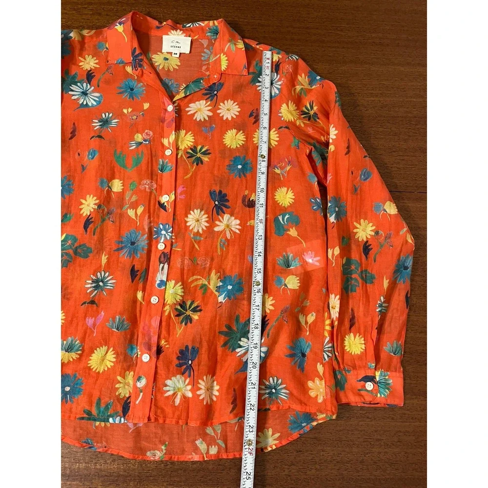 Sezane x C. Kero Floral Cotton Silk Blend Blouse Shirt Orange Daisy Print 36 EU - Picture 7 of 14